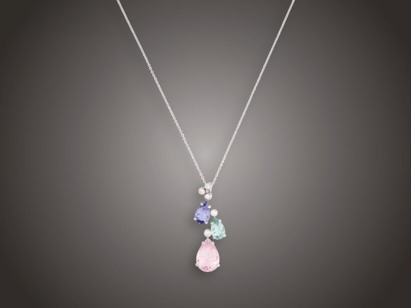 Lánc, függő, 585 au, 1 tanzanit 1,97 ct, 1 akvamarin 1,28 ct, 1 morganit 5,15 ct, 5 bril. cca. 0,40 ct, 6,5 g