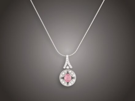 Lánc, függő, 585 au, 1 turmalin 4,25 ct, 24 bril. cca. 1,80 ct, 13,6 g