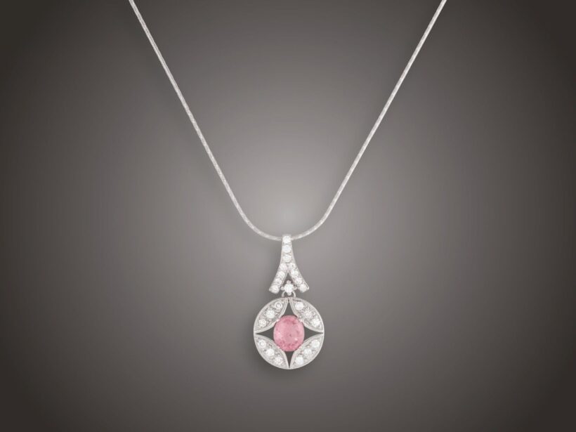 Lánc, függő, 585 au, 1 turmalin 4,25 ct, 24 bril. cca. 1,80 ct, 13,6 g