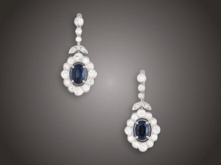 Fülbevaló, 585 au, 2 zafír cca. 2,00 ct, 36 bril. cca. 1,40 ct, 4,7 g