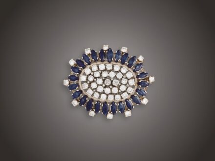 Melltű-függő, 585 au, 24 zafír cca. 7,00 ct, 44 bril. cca. 2,60 ct, 11,8 g