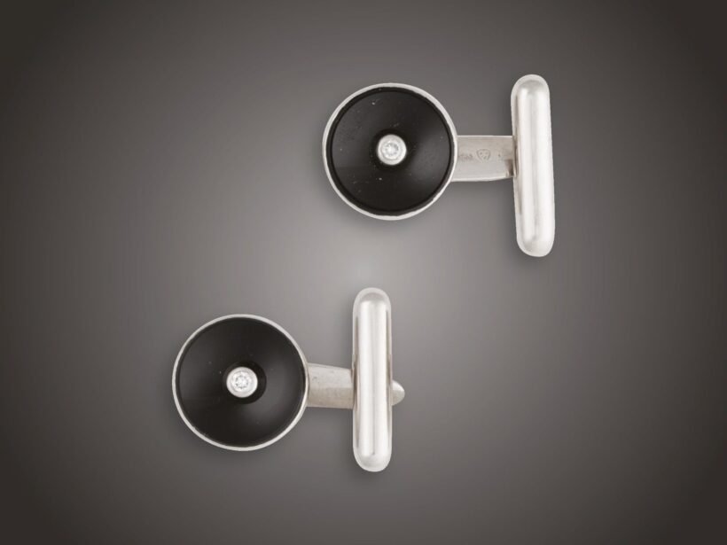 Kézelőgomb, 585 au, ónix, 2 bril. cca. 0,05 ct, 9,9 g