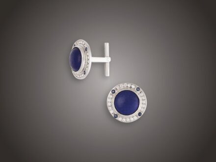 Kézelőgomb, 585 au, 8 zafír, 40 bril. cca. 0,60 ct, 18,0 g