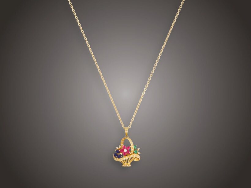 Lánc, függő, 750 au, 28 bril. cca. 0,25 ct, zafír, rubin, smaragd, 7,9 g