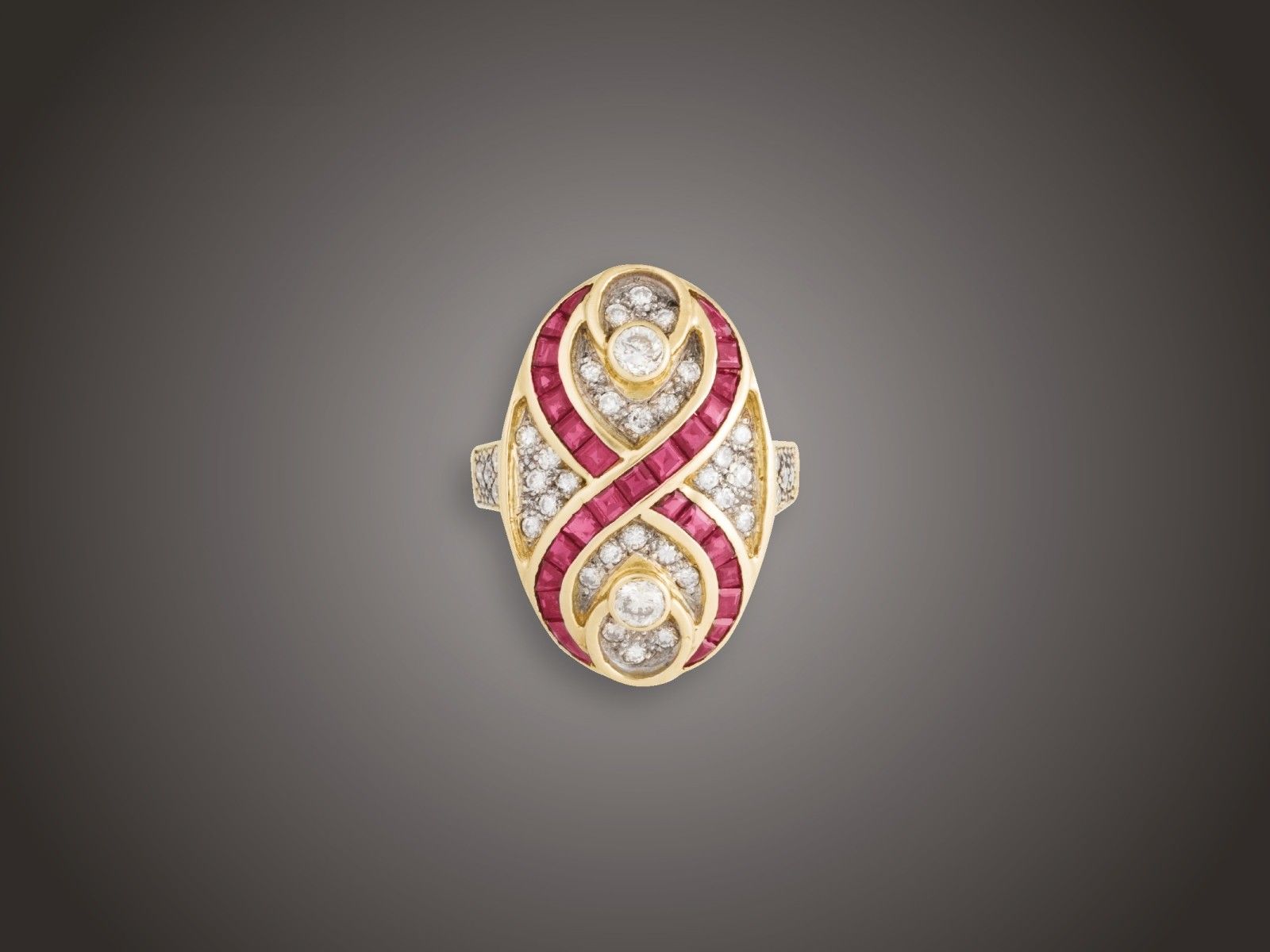 Gyűrű, 750 au, rubin, 38 bril. cca. 0,70 ct, 7,7 g