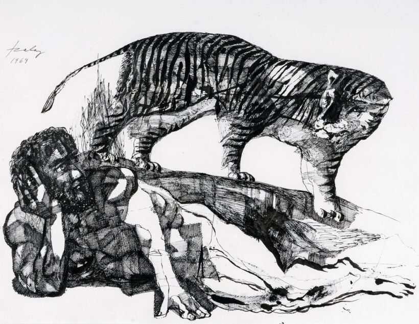 Szalay Lajos (1909-1995): Férfi tigrissel, 1969