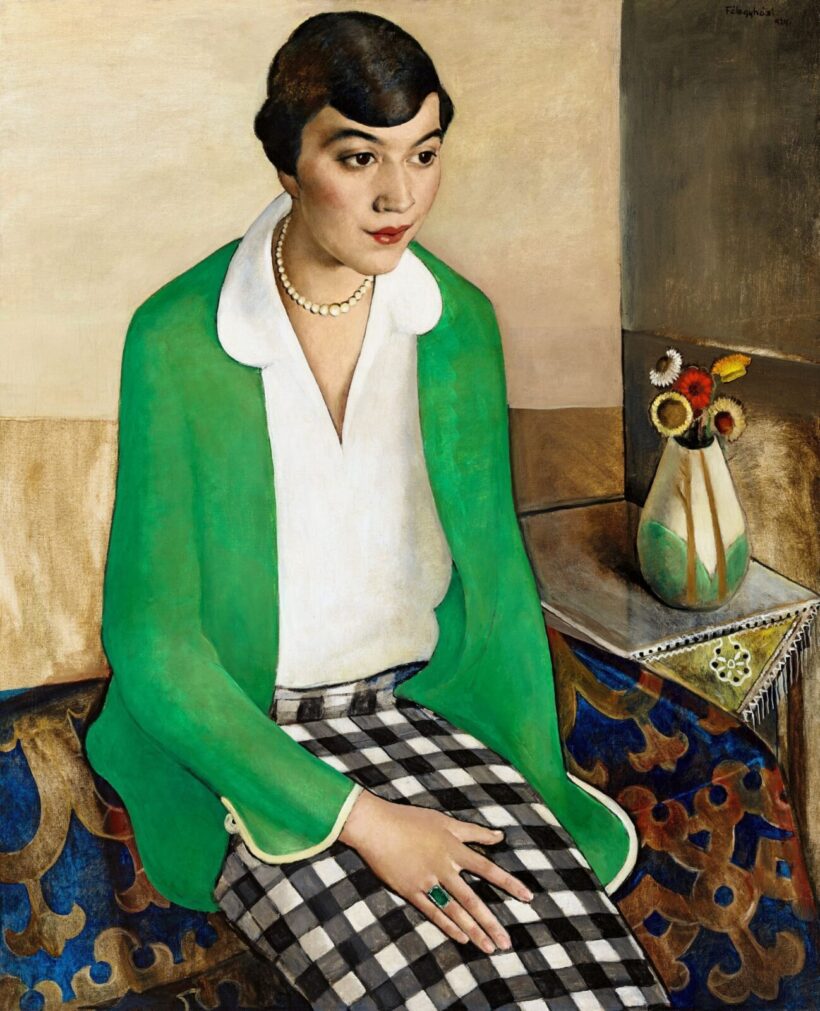 Félegyházi László A kockás szoknya (Art deco portré Zsolnay vázával), 1924