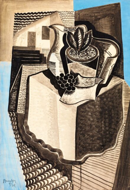 Bene Géza Art deco csendélet szőlővel, kancsóval, mintás terítővel, 1931