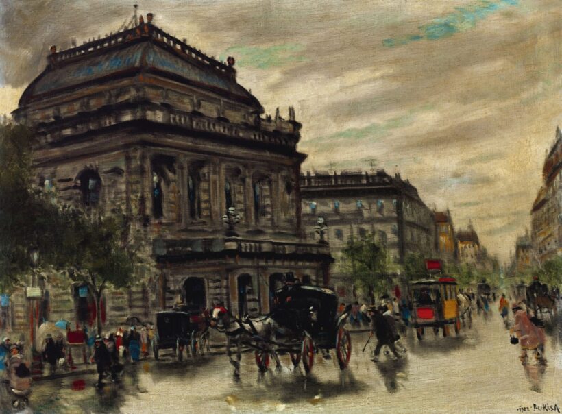 Berkes Antal Zivatar utáni fények az Andrássy úton (Opera, omnibusz, fiáker), 1922