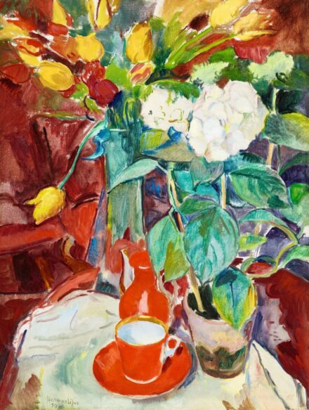 Herman Lipót Virágcsendélet tulipánnal, fehér hortenziával, piros kávéscsészével, 1930