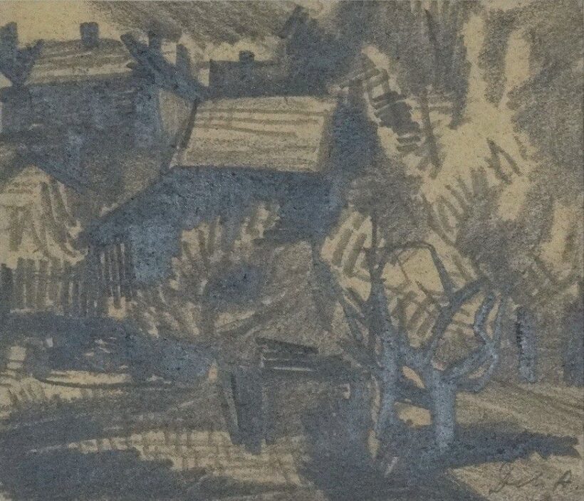 Deli Antal (1886 - 1960): Szamárhegyi házak, 1950-es évek, kiáll.Deli A.gyűjteményes kiállítása, Szentendre, 2004