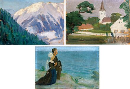 Kunffy Lajos (1869 - 1962): Áhitat; Falurészlet; Havas hegycsúcs