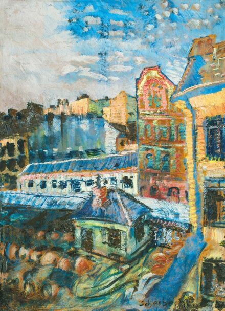 Scheiber Hugó (1873-1950) Pesti udvar zöld házikóval, 1920 körül