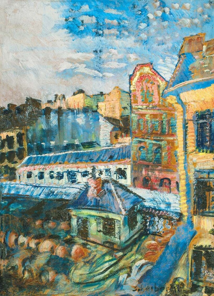 Scheiber Hugó (1873-1950) Pesti udvar zöld házikóval, 1920 körül