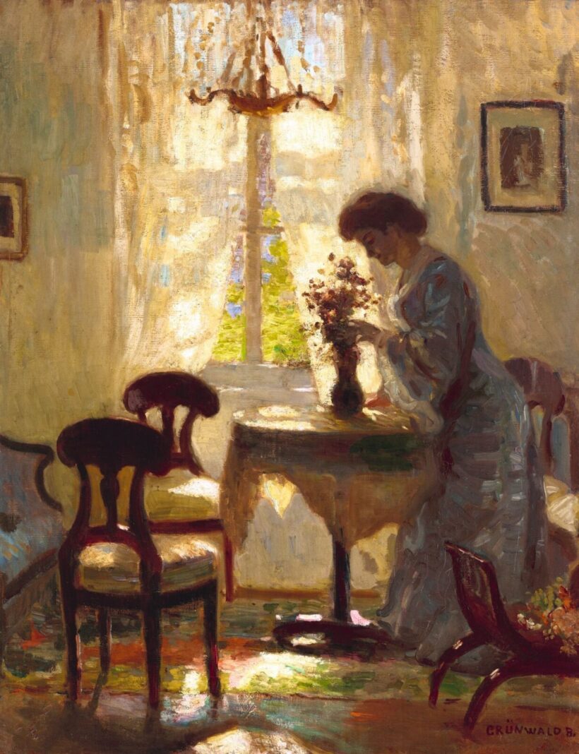 Iványi Grünwald Béla:Fehér szoba (Virágot rendező nő kék ruhában), 1905 körül