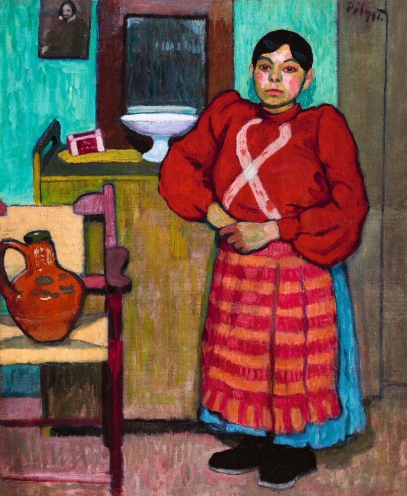 Pólya Tibor:Piros blúzos lány zöld szobában, 1910 körül