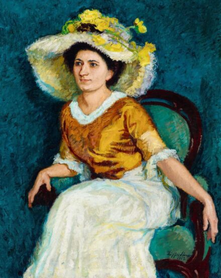 Ziffer Sándor:Hölgy virágos kalapban kék szobában, 1913