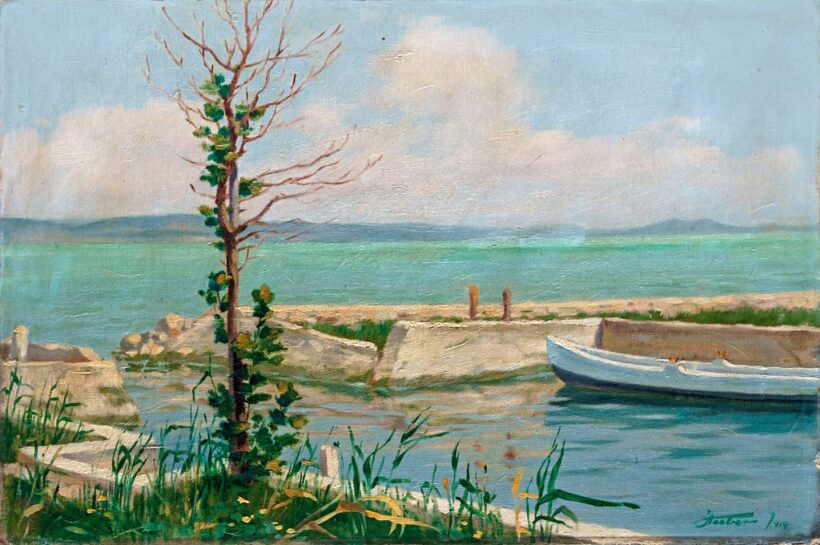 Huber István (1891-?): "Balatonlelle csónakkikötő", 1919