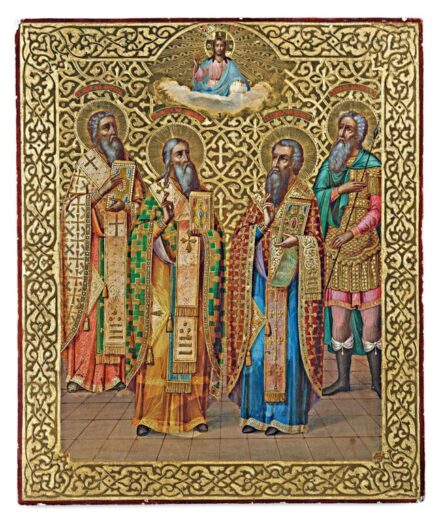Orosz ikonfestő, 19. sz. vége: Krisztus és kiválasztott szentek, Szent Antipa, Szent Haralmpiosz, Szent Vaszilij, Szent András