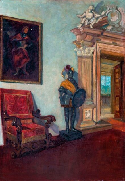 Bruck Miksa (1863-1920): Kastélybelső vitézi páncéllal