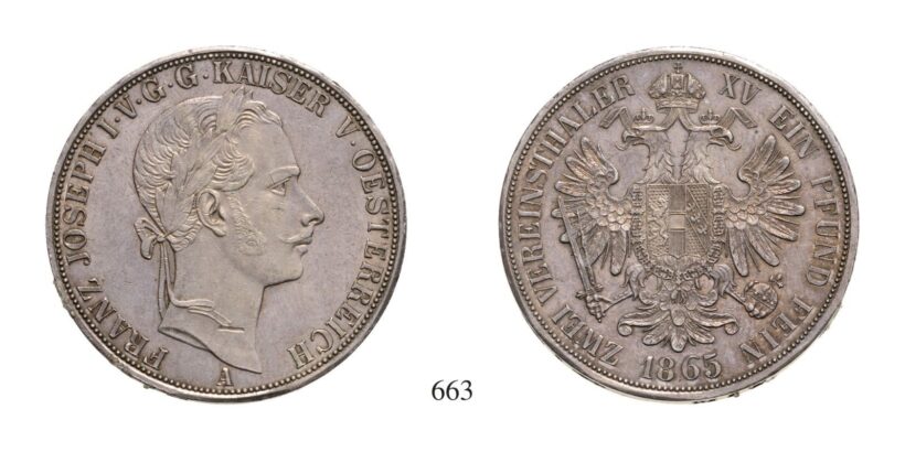 Ferenc József (1848-1916), 2 Vereinstaler, Ag, 1865, Wien