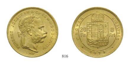 Ferenc József (1848-1916), 8 Forint, Au, 1879, Körmöcbánya