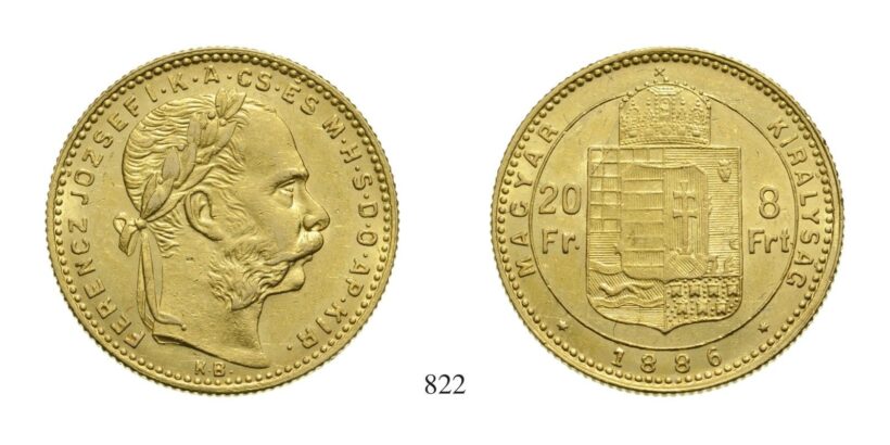 Ferenc József (1848-1916), 8 Forint, Au, 1886, Körmöcbánya