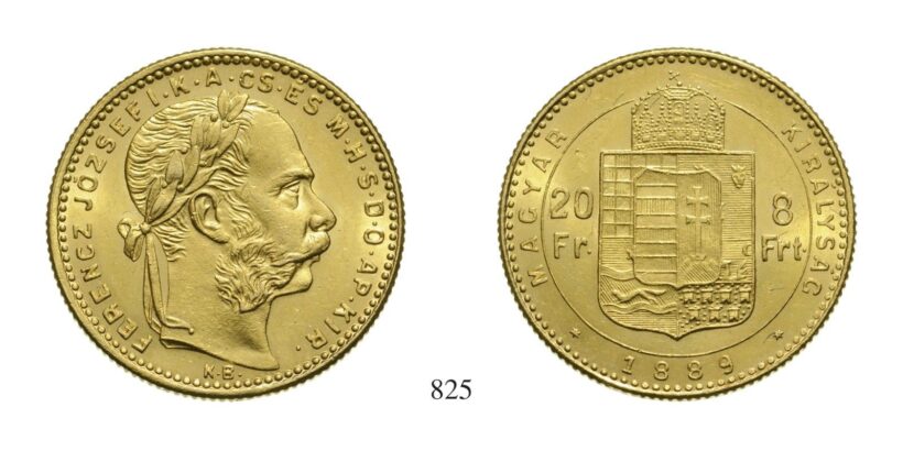 Ferenc József (1848-1916), 8 Forint, Au, 1889, Körmöcbánya