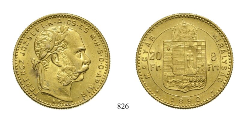 Ferenc József (1848-1916), 8 Forint, Au, 1890, Körmöcbánya