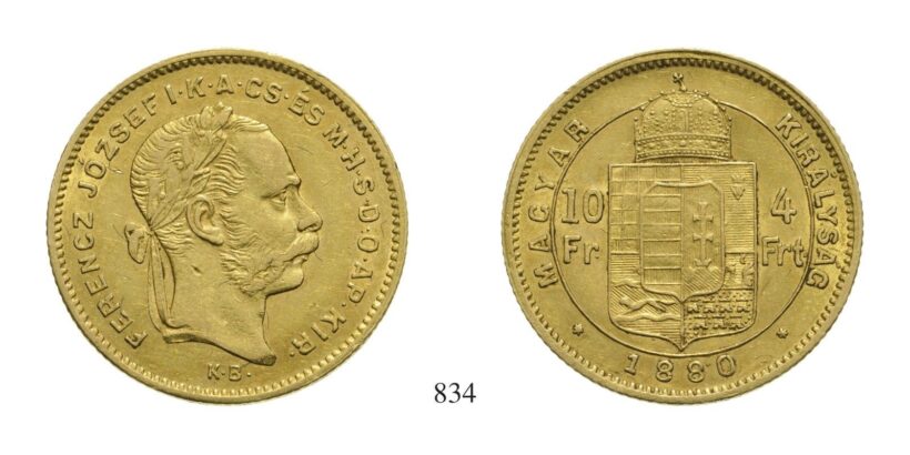 Ferenc József (1848-1916), 4 Forint, Au, 1880, Körmöcbánya