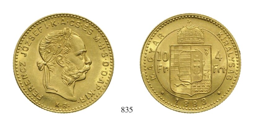 Ferenc József (1848-1916), 4 Forint, Au, 1883, Körmöcbánya