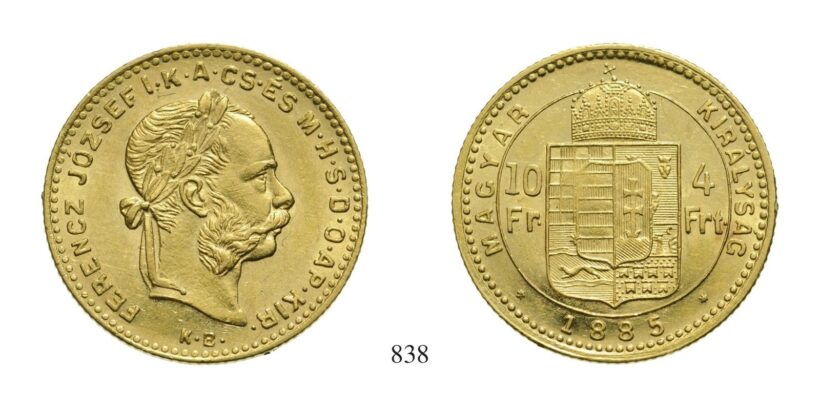 Ferenc József (1848-1916), 4 Forint, Au, 1885, Körmöcbánya