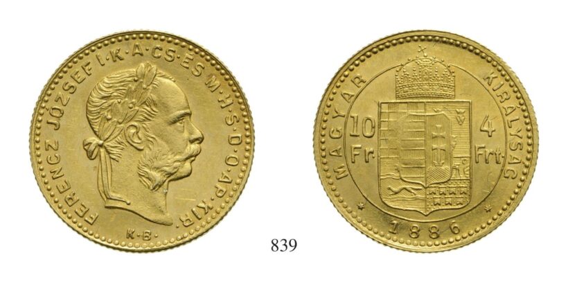 Ferenc József (1848-1916), 4 Forint, Au, 1886, Körmöcbánya