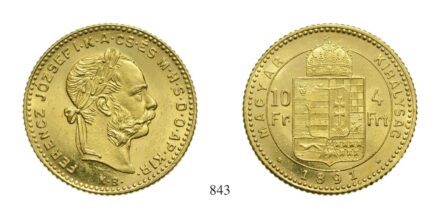 Ferenc József (1848-1916), 4 Forint, Au, 1891, Körmöcbánya