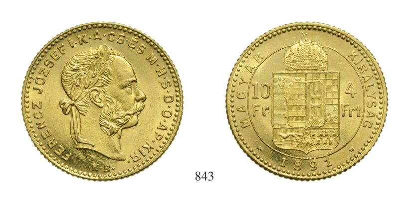 Ferenc József (1848-1916), 4 Forint, Au, 1891, Körmöcbánya