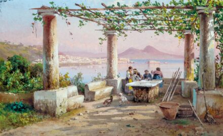Giusti, Giuliemo (1824-1916): Beszélgető társaság háttérben a Vezúvval