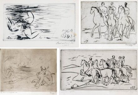 Borsos Miklós (1906-1990): Grafika, 5 db (Pásztoridill, Madonna, Lovasok a vízparton, Szirén, Lovasok)