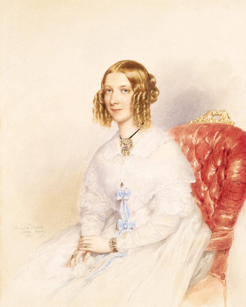 Barabás Miklós: Fiatal lány kék szalagos ruhában, 1844