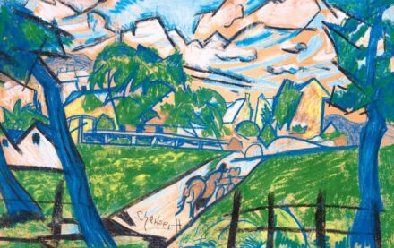Scheiber Hugó: Kék táj lovaskocsival, híddal, 1920-as évek második fele