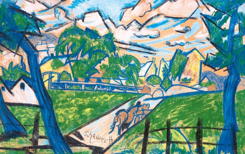 Scheiber Hugó: Kék táj lovaskocsival, híddal, 1920-as évek második fele