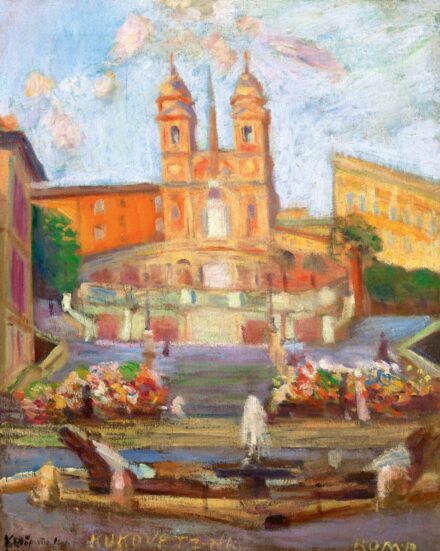 Kukovetz Nana: A római Piazza di Spagna a Fontana di Brancacciával, a Spanyol lépcsővel és a Trinita dei Monti templommal, 1913 körül