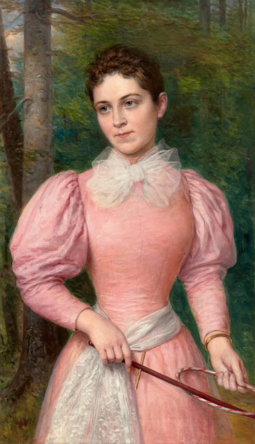 Barabás Miklós: Fiatal lány masnis rózsaszín ruhában karikajátékkal (A művész unokája, Szegedy-Maszák Leóna festőnő portréja), 1893