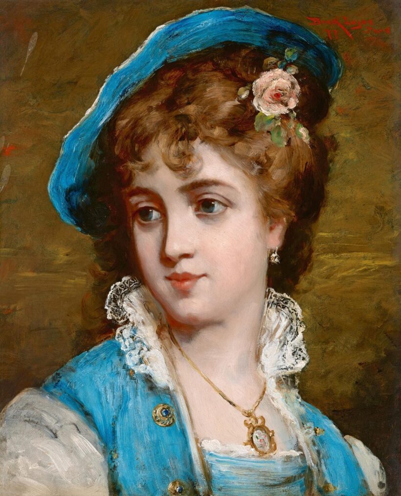 Bruck Lajos: Kék kalapos fiatal párizsi lány rózsával, 1877