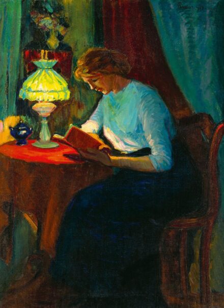 Kádár Géza: Téli esti hangulat (Olvasó lány zöld lámpánál), 1913