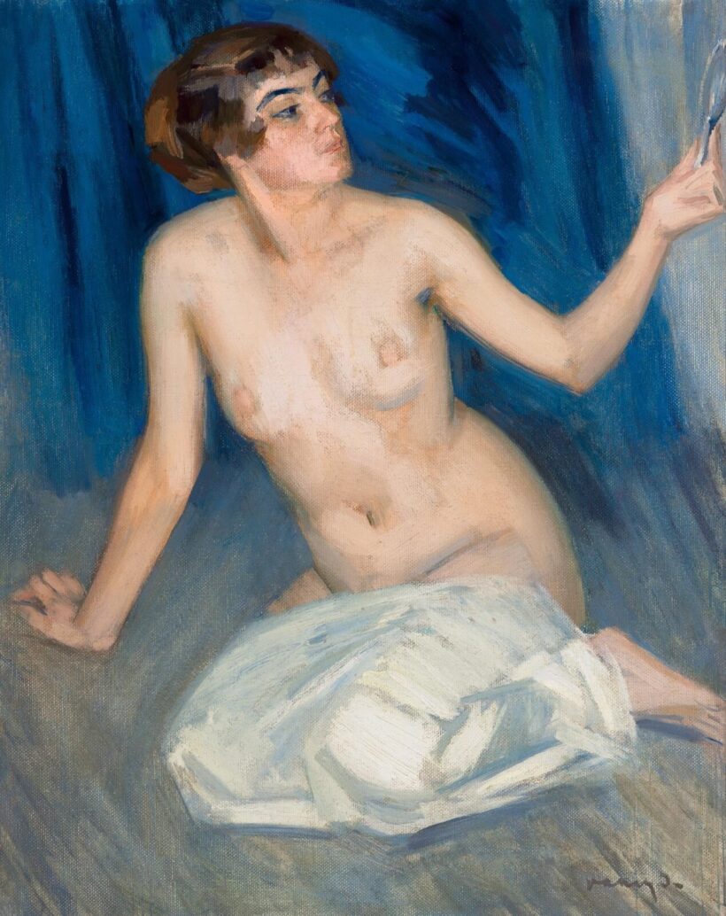 Vaszary János: Női akt tükörrel és kék drapériával, 1905 körül