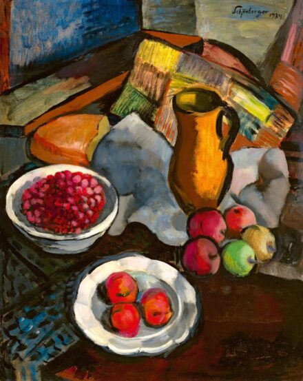Schönberger Armand: Rálátásos műtermi csendélet gyümölcsökkel, 1934