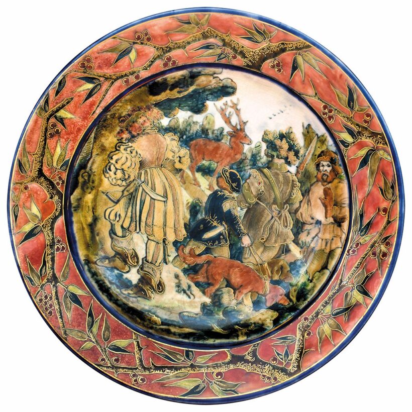 Falitál-pár, vadászjelenettel, Zsolnay, 1882; Dekorterv: Kaldeway Kelemen, terv és kivitel éve: 1882