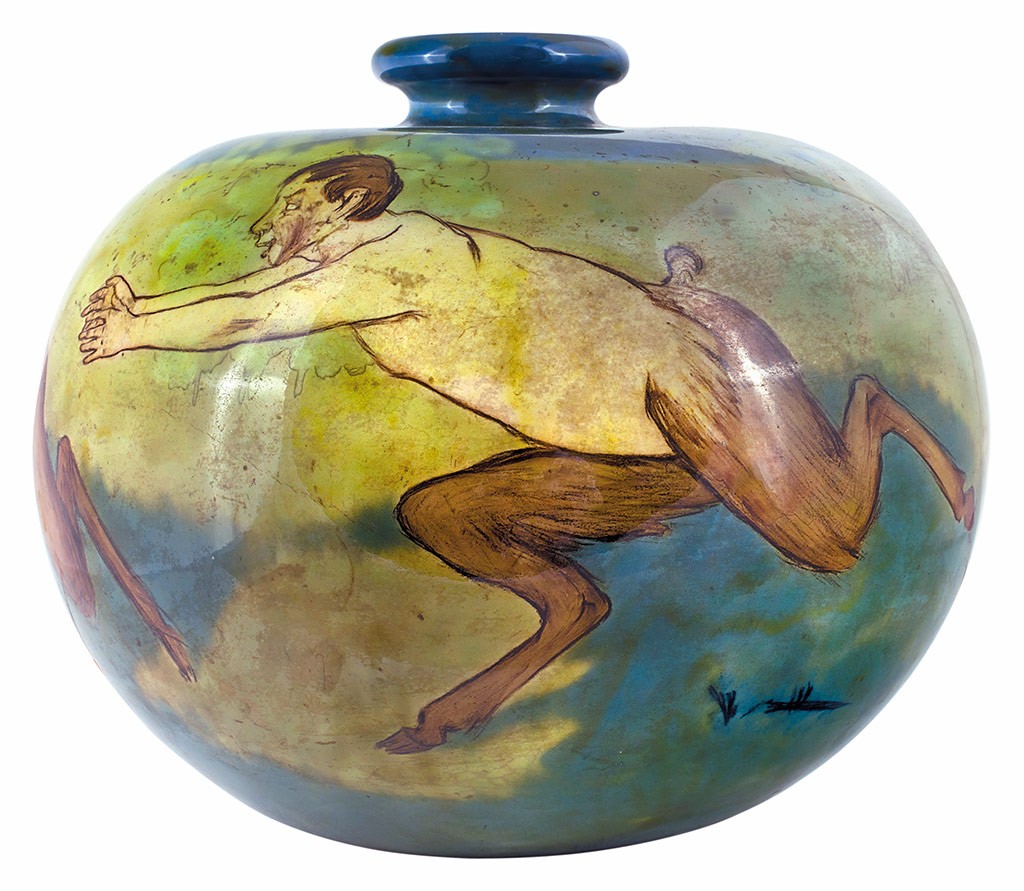 Faunos gömbváza, kísérleti darab, Zsolnay, 1911; Forma-és dekorterv, kivitel: Mattyasovszky Zsolnay László