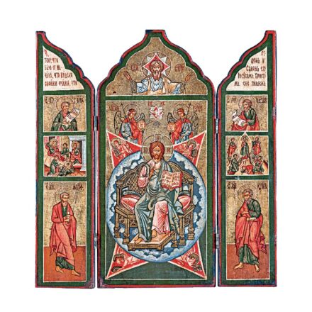Orosz ikonfestő, 20. sz.: Trónoló Krisztus a négy evangelista jelképével, széleken apostolokkal, ünnepekkel és prófétákkal