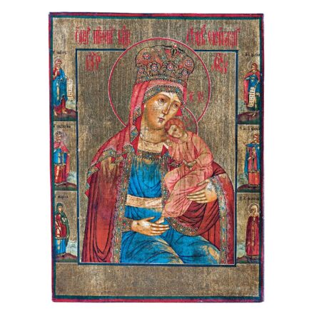 Orosz ikonfestő, 19. sz. vége: Istenszülő a gyermek Jézussal, Szent Naummal, Szent Katalinnal, Szent Marinával, Dániel prófétával, Szent Borbálával és szent vértanunővel